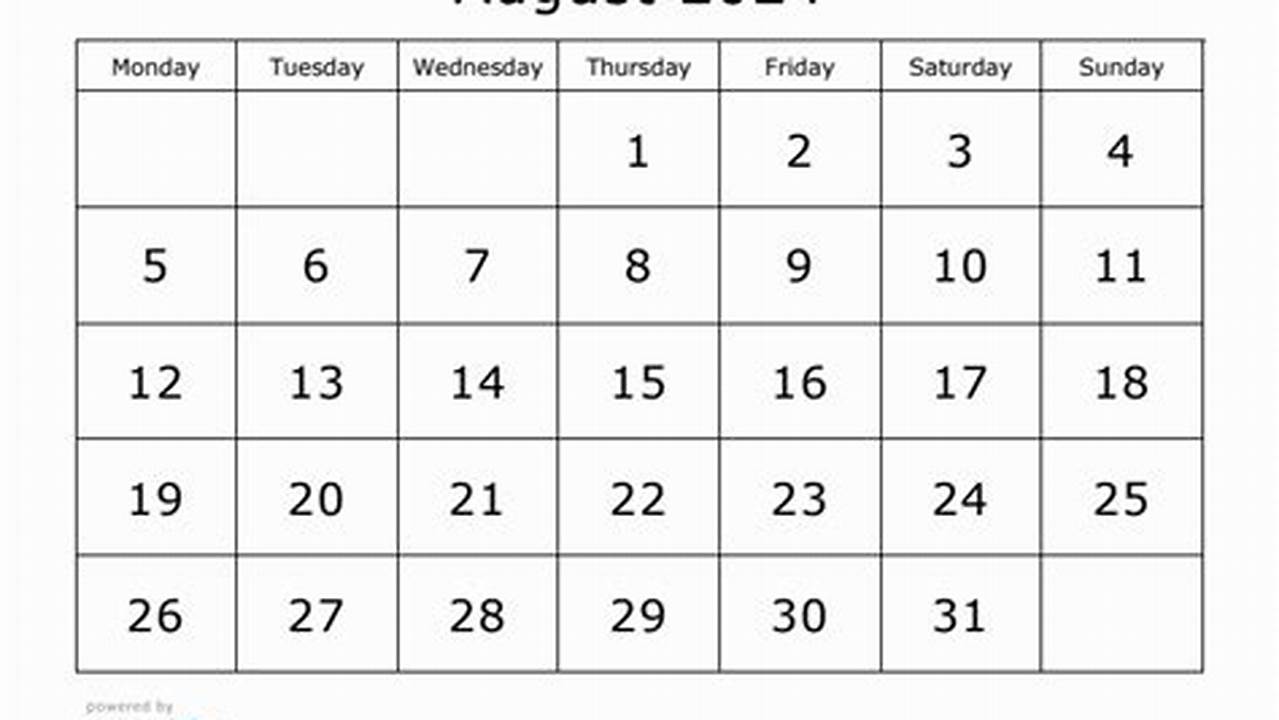 Printable Calendar August 2024 Monday Start