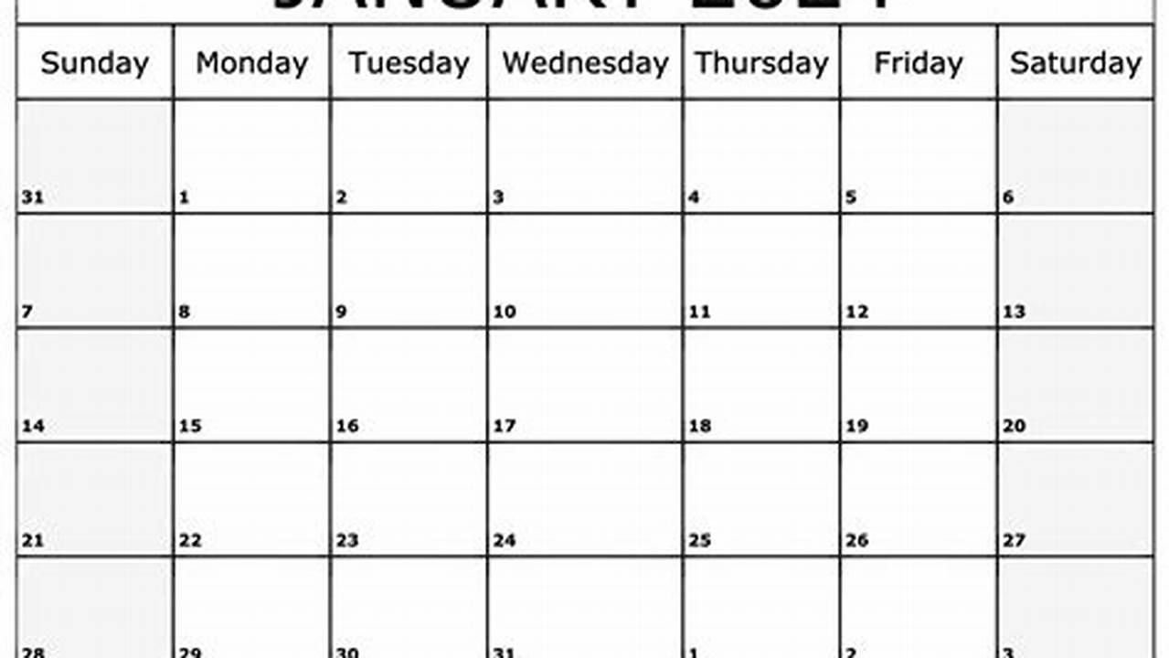 Printable January Monthly Calendar Template., 2024