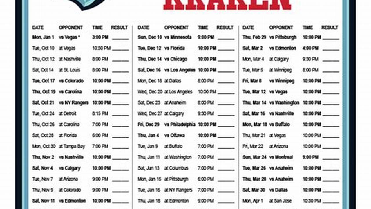 Seattle Kraken Schedule 2024-24 Printable