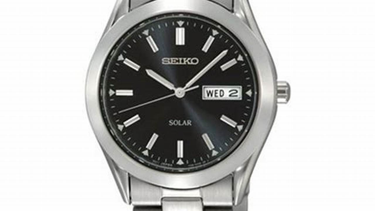 Seiko Men'S Silvertone Black Dial Solar Calendar Watch