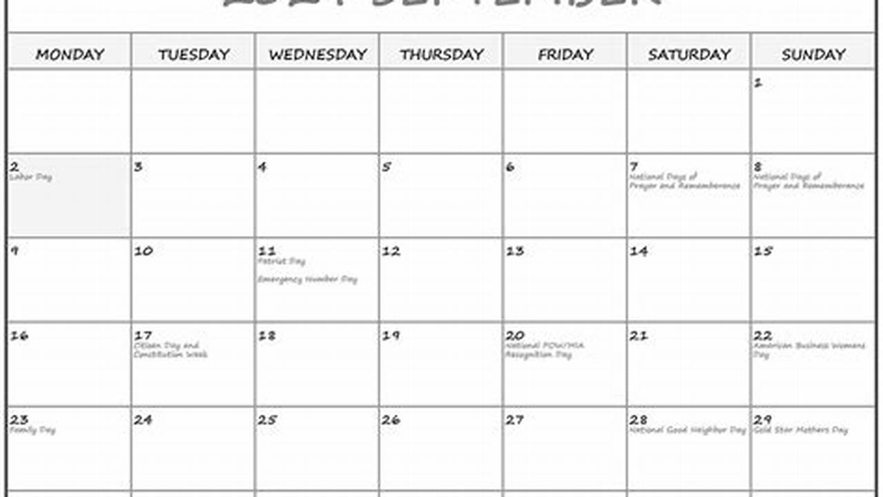 September 2024 Calendar Printable Monday Startek 220