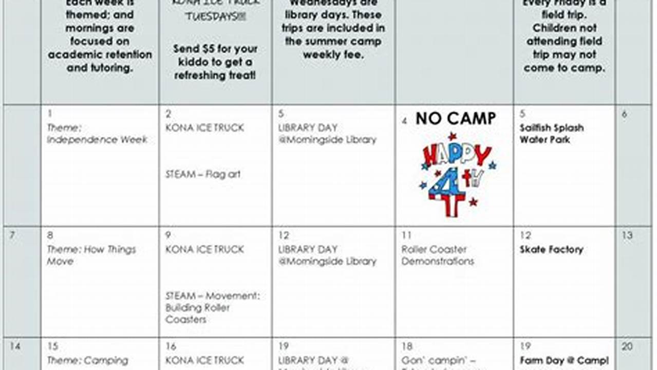Summer Rising Camp 2024 Calendar