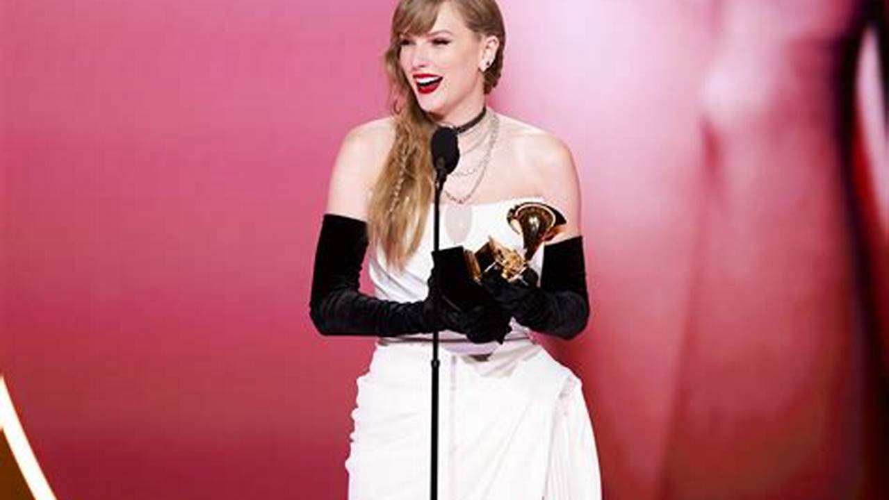 Taylor Swift Accepts The Award For Best Pop Vocal Album At The Grammys., 2024