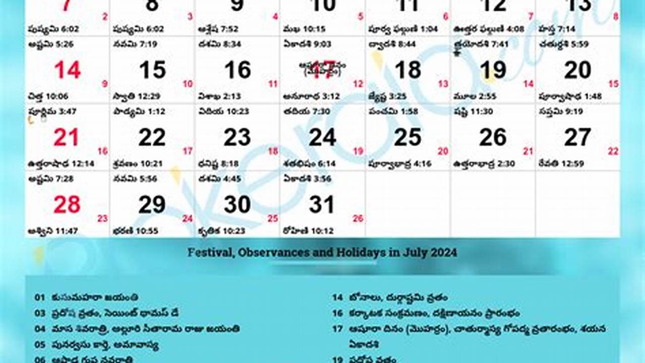 Telugu Calendar July 2024 Daily Sheet