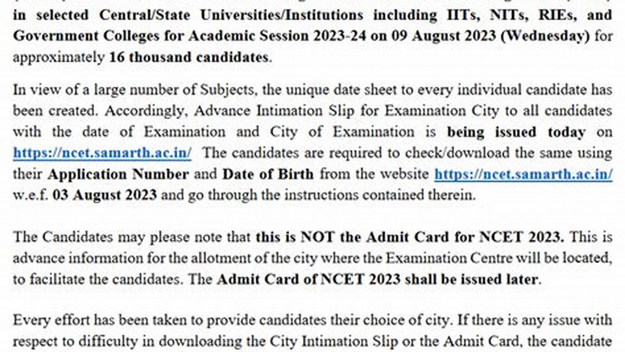 This Is Only An Advance Intimation Of The Exam City Allotted Where The Examination Centre Will Be Located, To Facilitate The Candidates., 2024