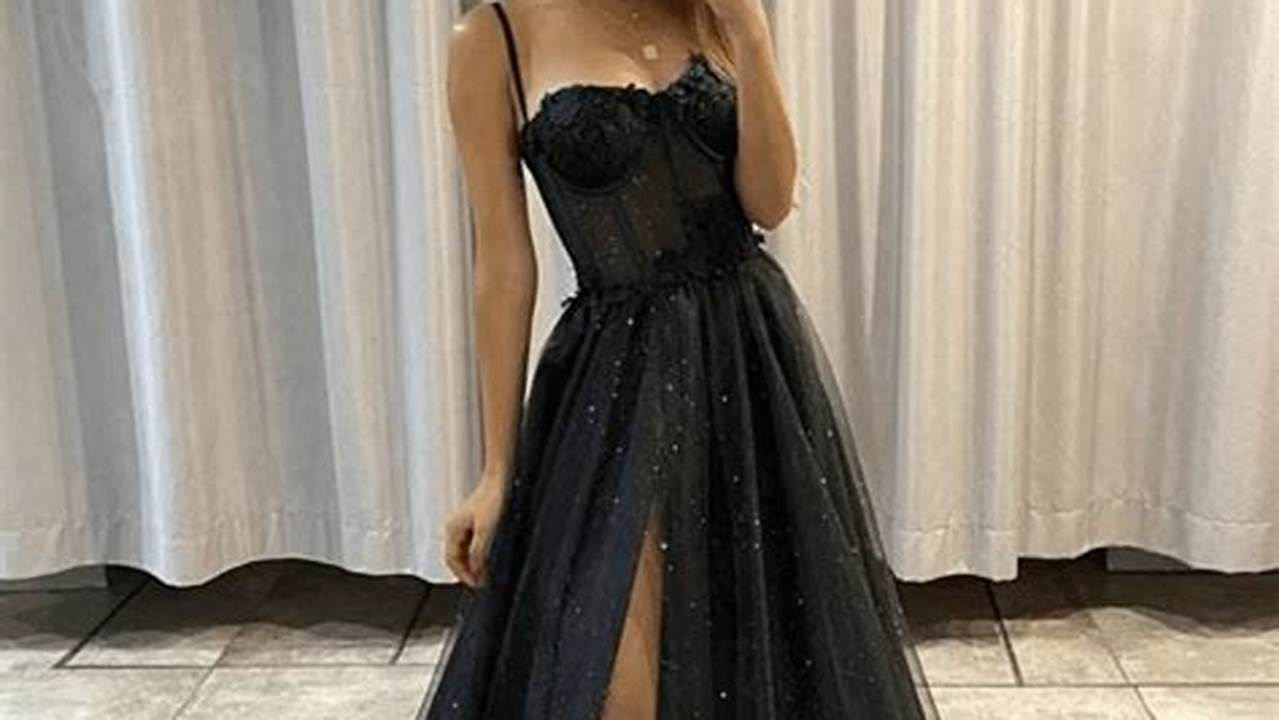 Try A Black Tulle Prom Dress Accented With Velvet Flocking Or Designed With A Satin Bustier Top., 2024
