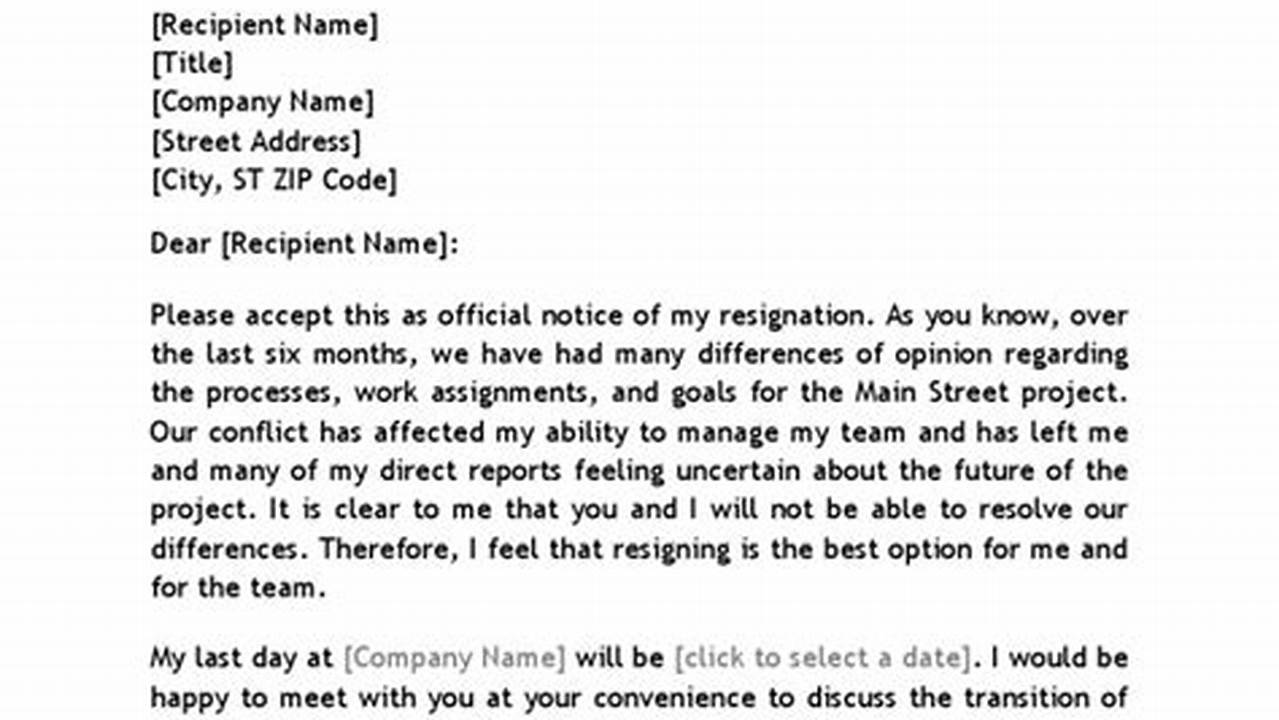 Letter Of Resignation Due To Conflict With Boss