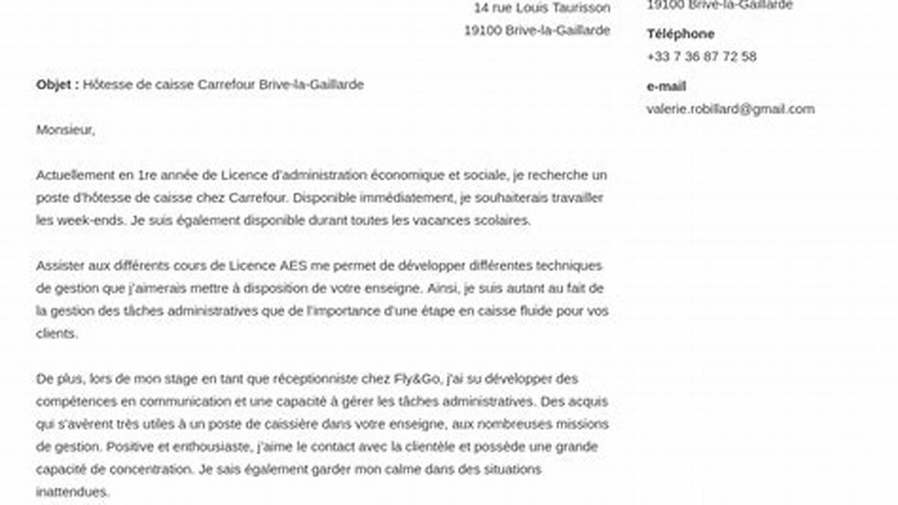 Modèle de lettre de motivation hôtesse de caisse : candidature spontanée