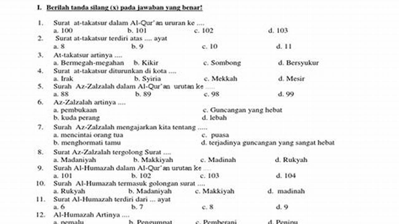 Contoh Latihan Soal UTS Quran Hadist MI Semester 2