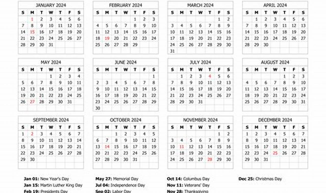 2024 12 Month Calendar With Holidays Printable Free Online