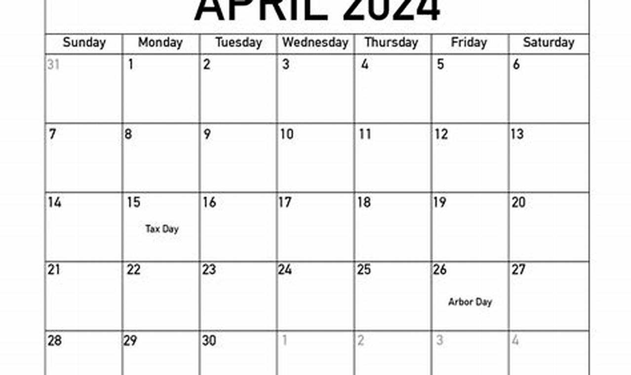 2024 April Calendar With Holidays Download Free