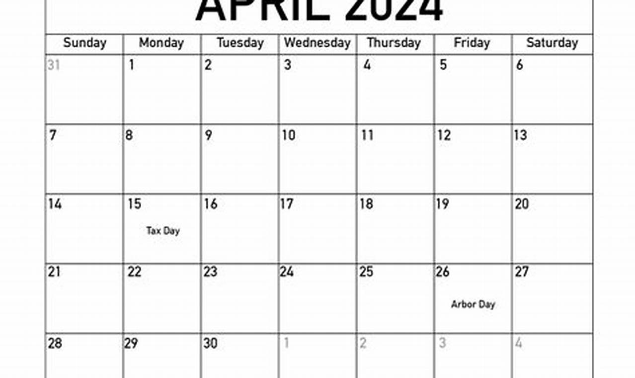 2024 April Calendar With Holidays Printable Free Yearly