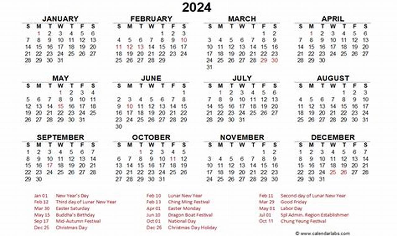 2024 Calendar Hong Kong Printable Bookmarks