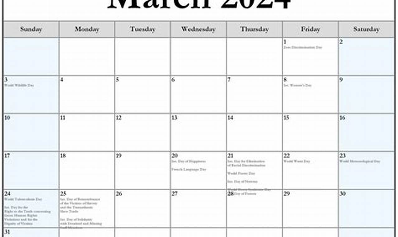 2024 Calendar March With Holidays