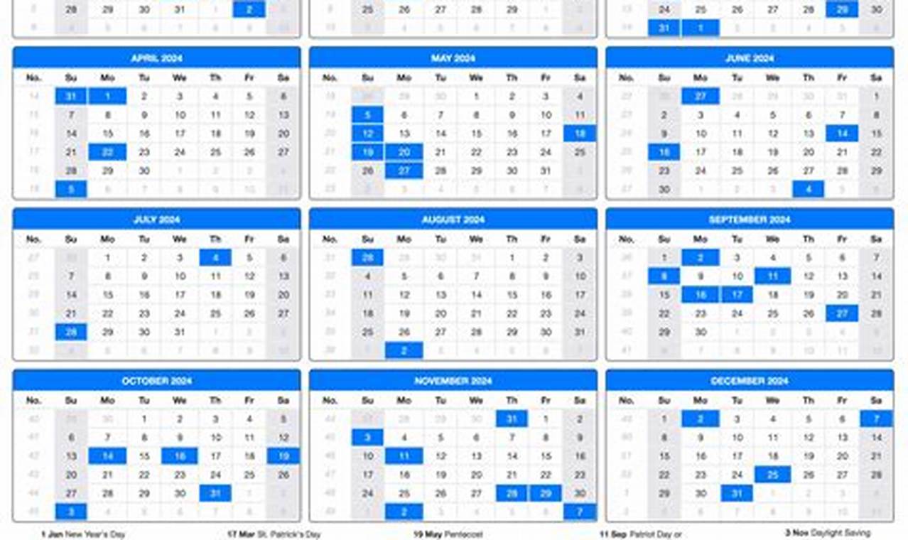 2024 Calendar Pdf With Holidays Listed