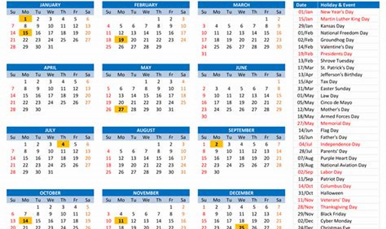 2024 Calendar Template With Holidays Free Pdf
