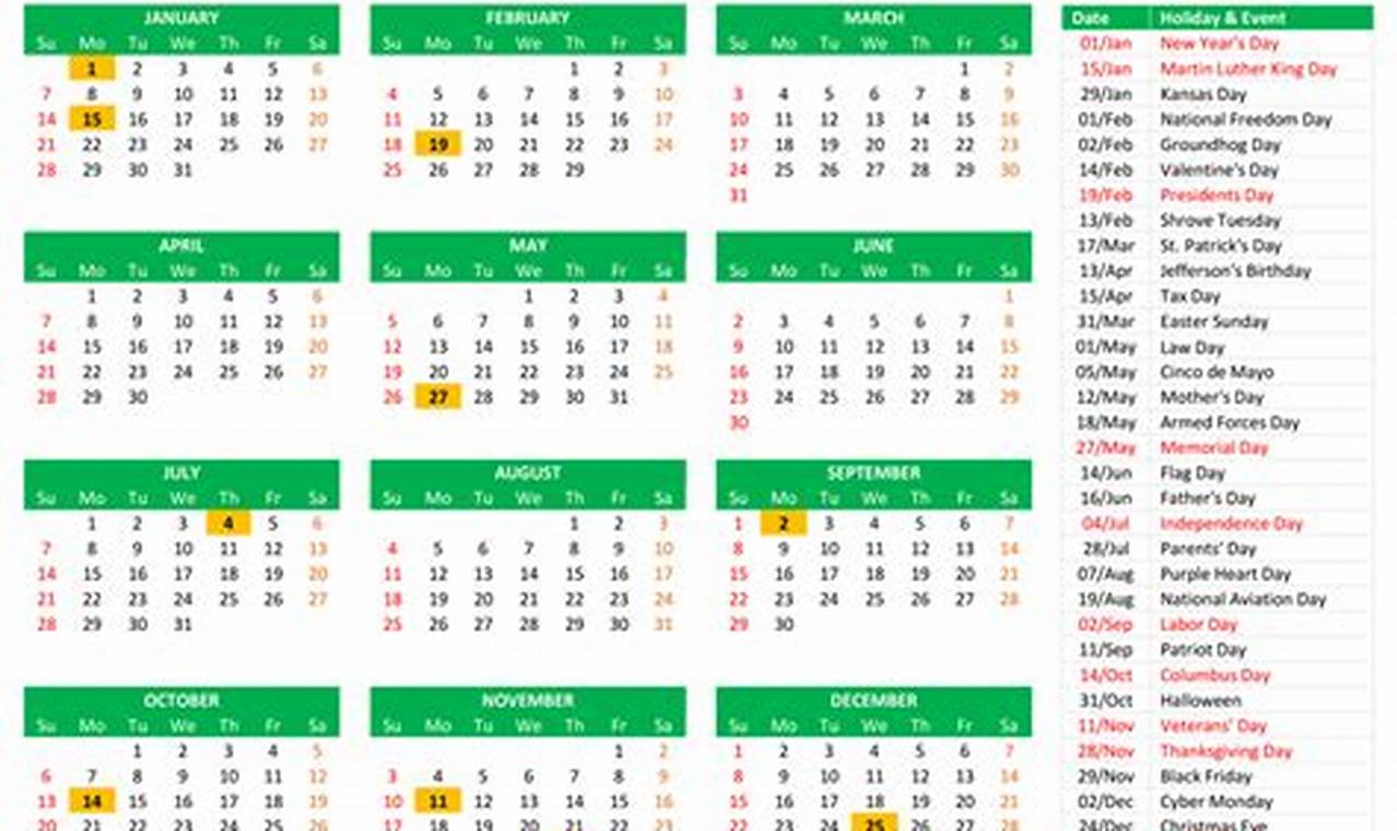 2024 Calendar Template With Holidays Listed Meaning