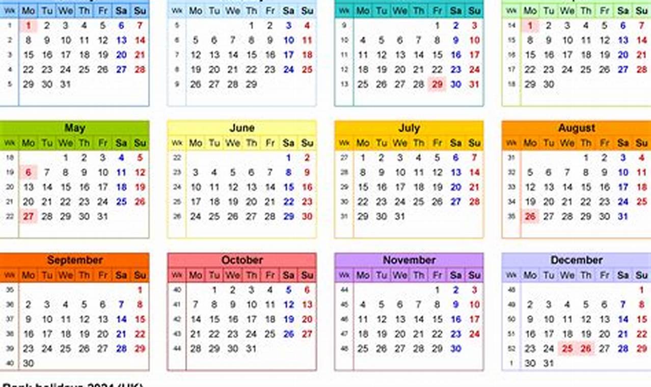 2024 Calendar Uk With Bank Holidays Printable Excel Worksheet