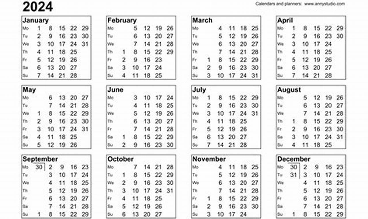 2024 Calendar With Days Numbered