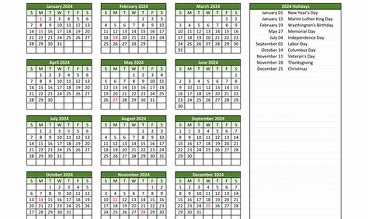 2024 Calendar With Federal Holidays Excel