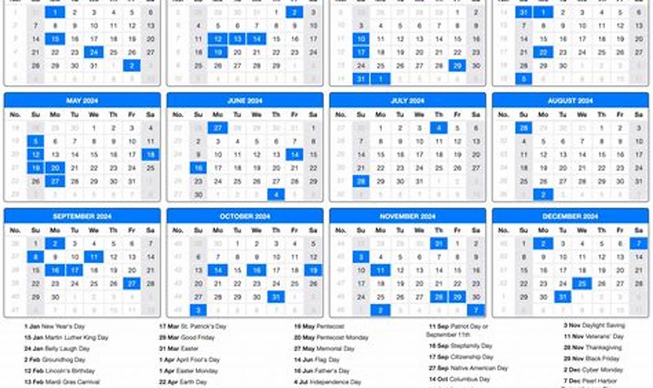 2024 Calendar With Holidays Listed Names