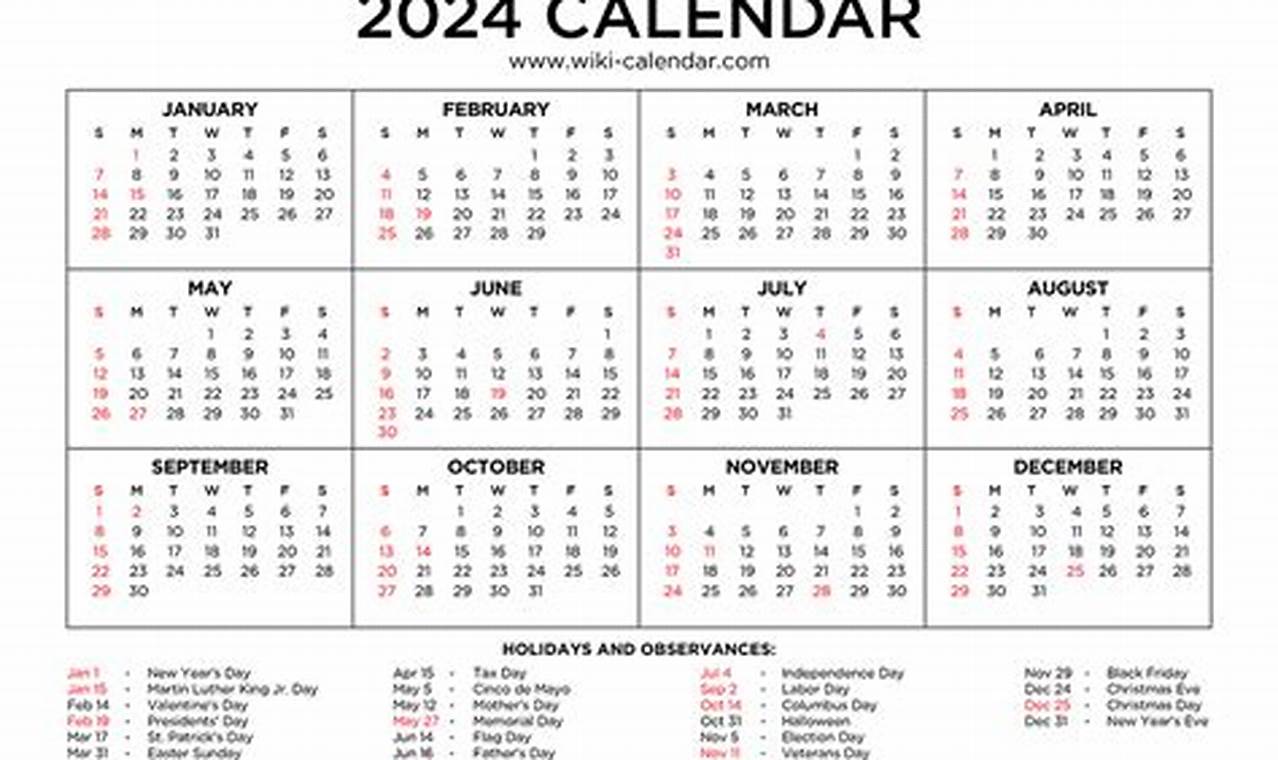 2024 Calendar With Holidays Printable Wiki Page