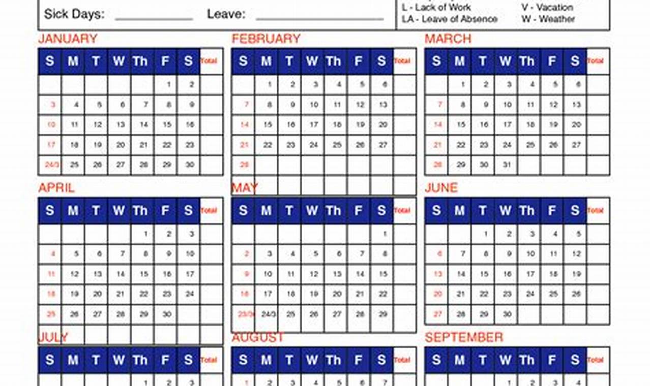 2024 Employee Attendance Calendar Printable Free Word Forms