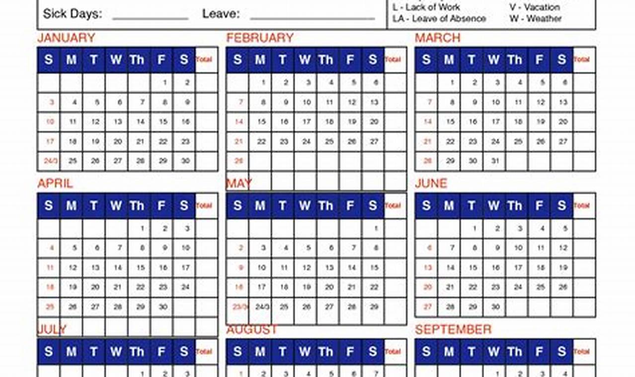 2024 Employee Attendance Calendar Printable Free Word Template