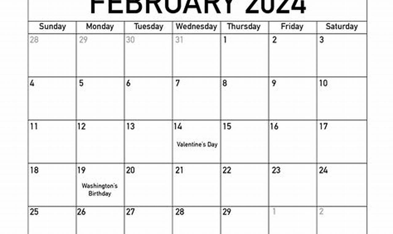 2024 February Calendar Printable With Holidays Homework Sheets