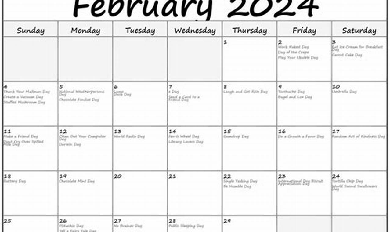 2024 February Calendar With National Holidays Homework Week
