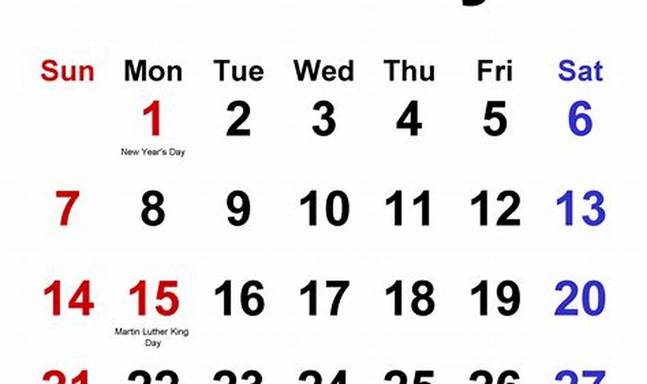 2024 January Calendar Big Numbers 1800