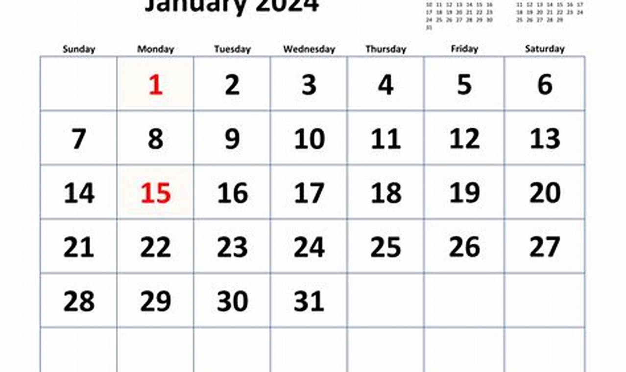 2024 January Calendar Big Numbers Images Clip Art