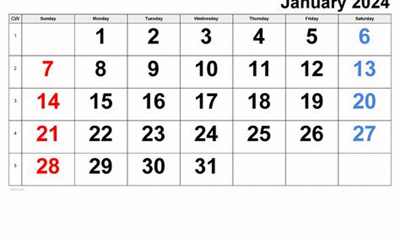 2024 January Calendar Big Numbers List