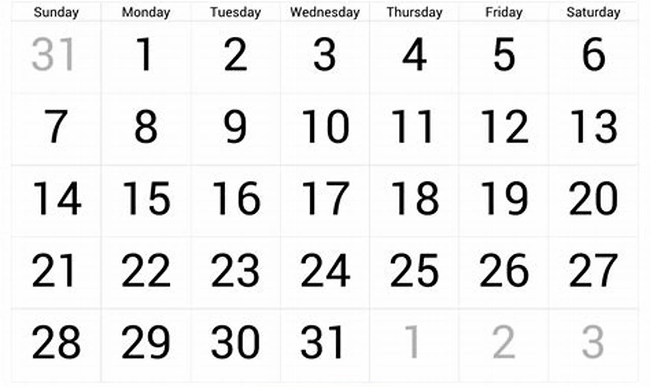 2024 January Calendar Big Numbers Template Printable