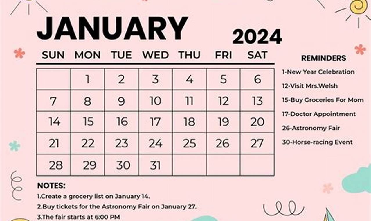 2024 January Calendar Cute Printable Bookmarks