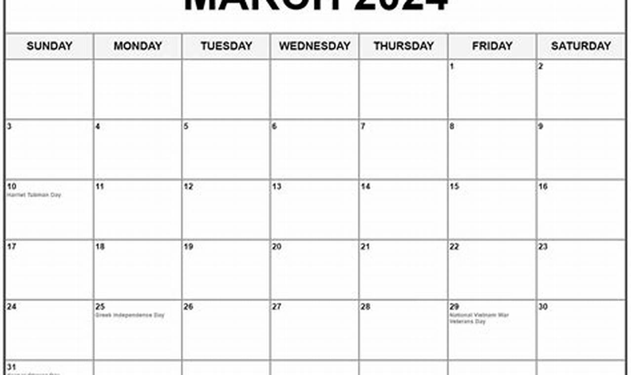 2024 March Calendar Printable With Holidays List Pdf