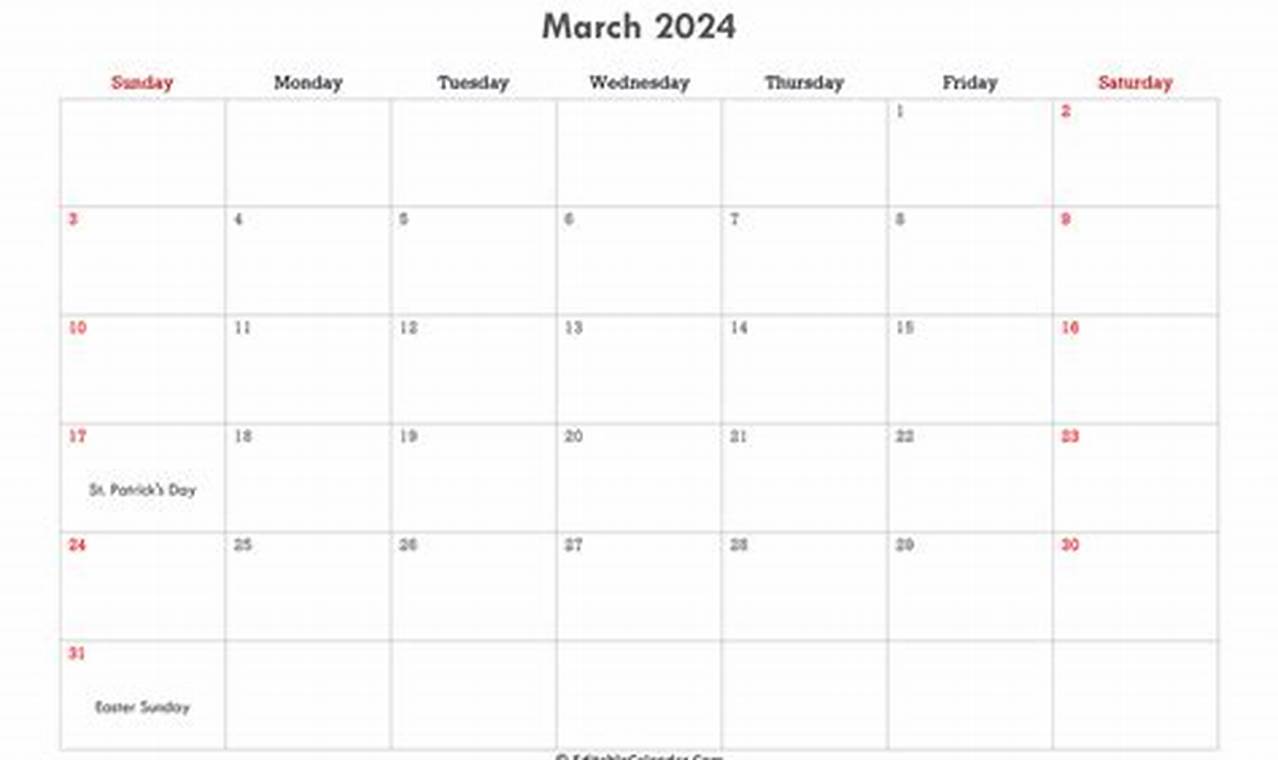 2024 March Calendar Template Download Word