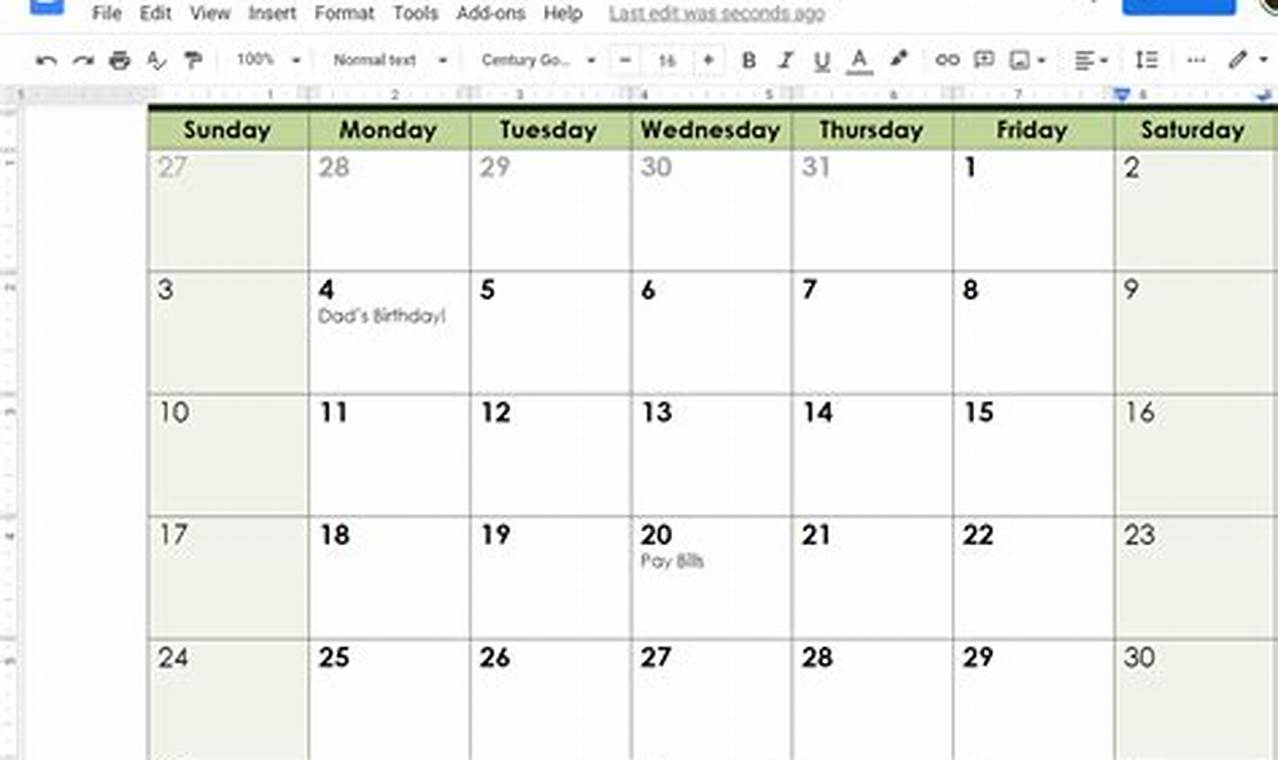 2024 Monthly Calendar Template Google Docs Blank