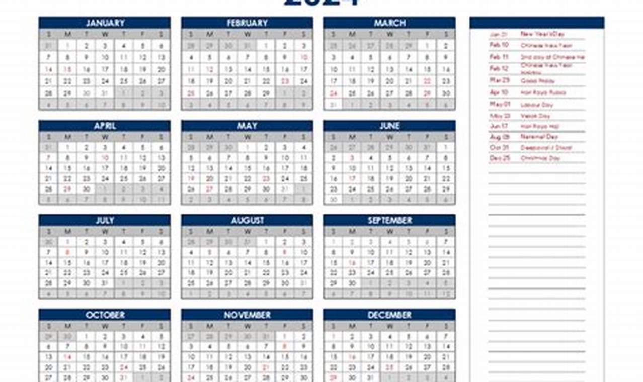 2024 Monthly Calendar With Holidays Singapore Printable