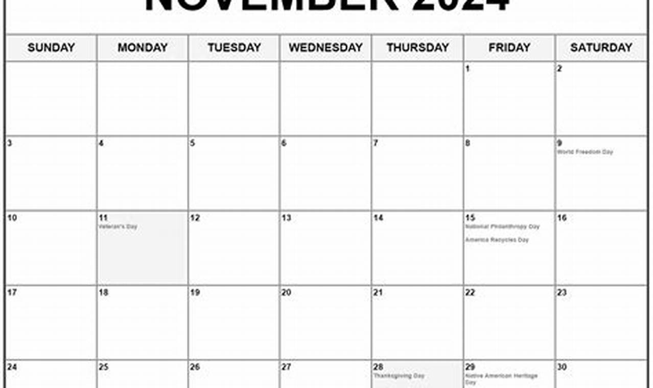 2024 November Calendar With Holidays Printable Calendar Pdf
