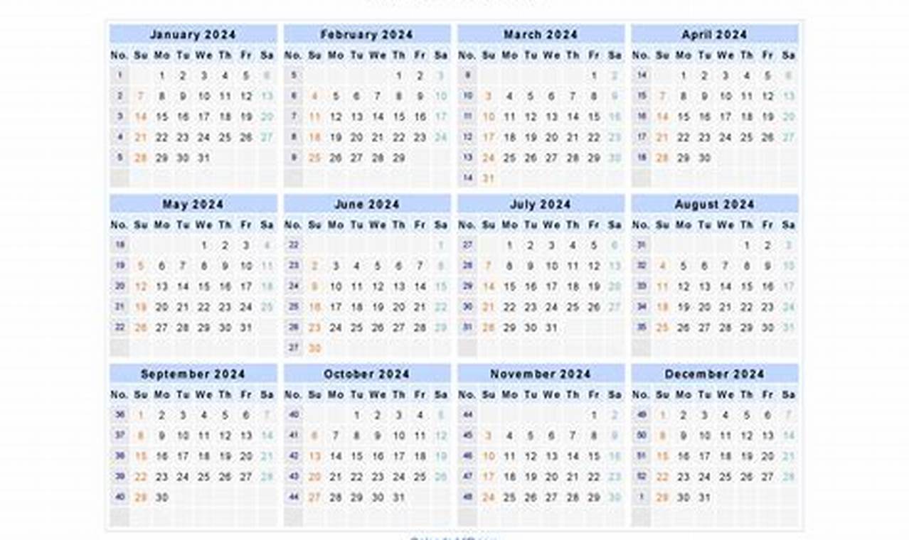2024 Numbered Weeks Calendar Template Word