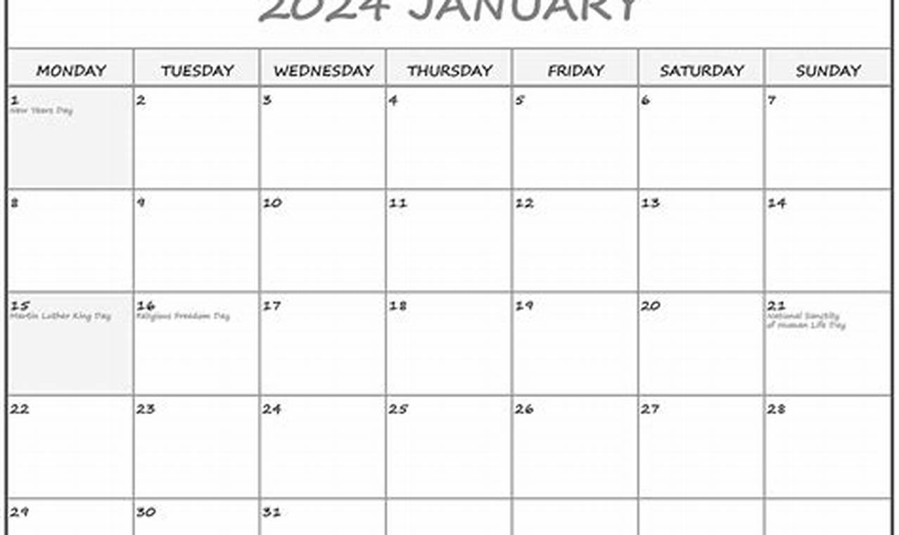 2024 Printable Calendar By Month Starting Monday Sunday