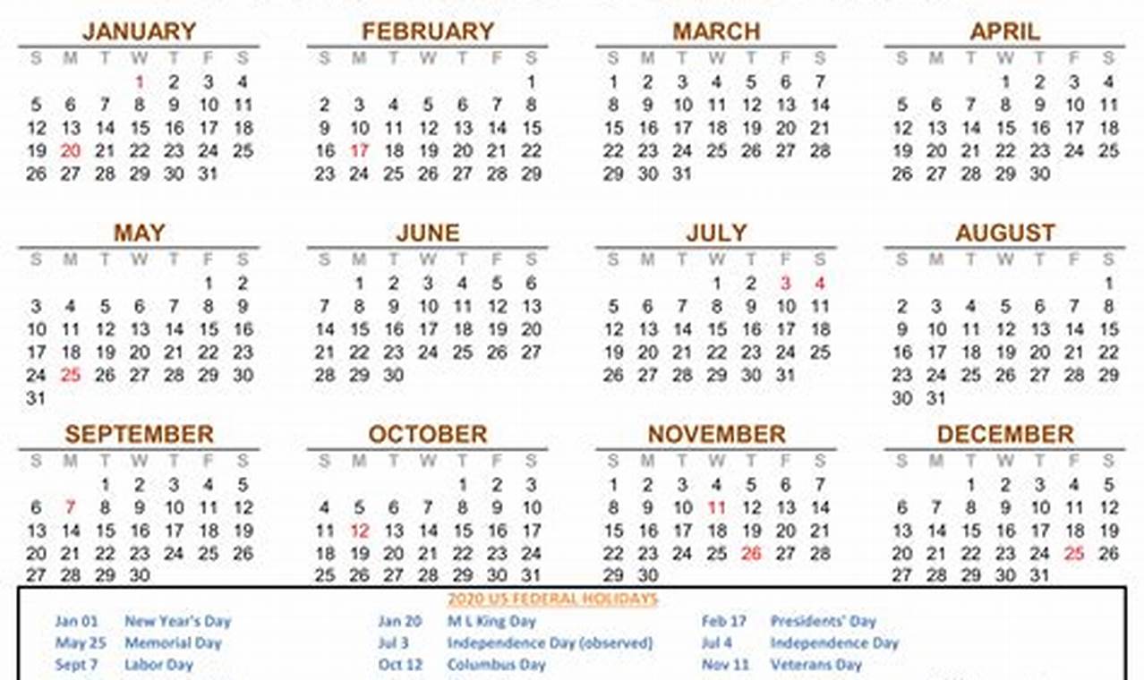 2024 Printable Calendar By Monthly Holidays 2020