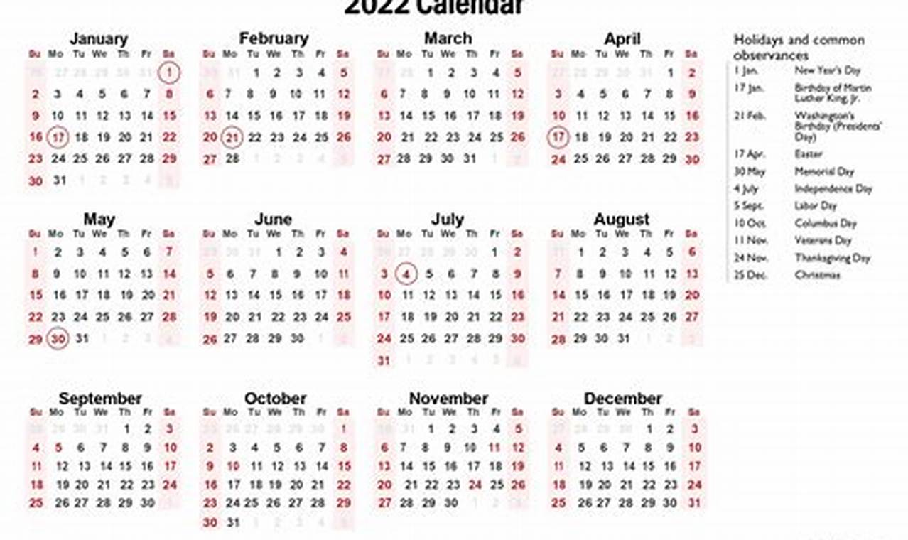 2024 Printable Calendar One Page With Federal Holidays 2022
