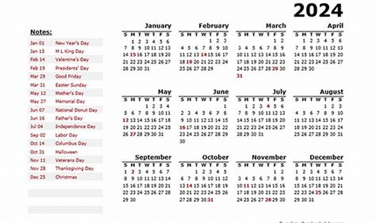 2024 Printable Calendar With Holidays Pdf Free Download Converter English