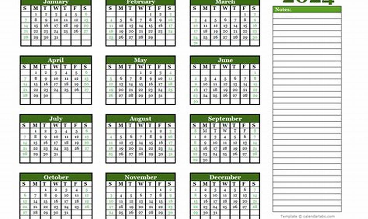 2024 Yearly Calendar Printable With Notes Sheet Template