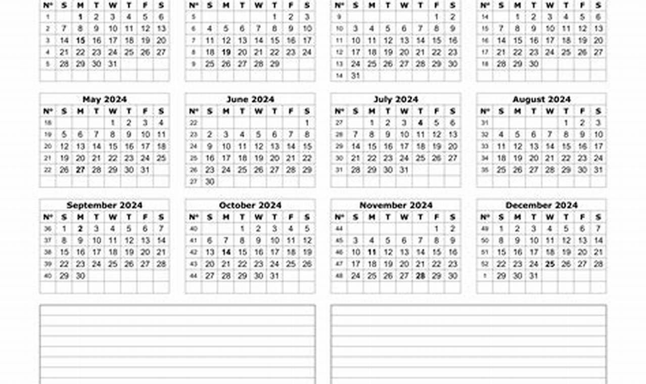 2024 Yearly Calendar Printable With Notes Templates C++