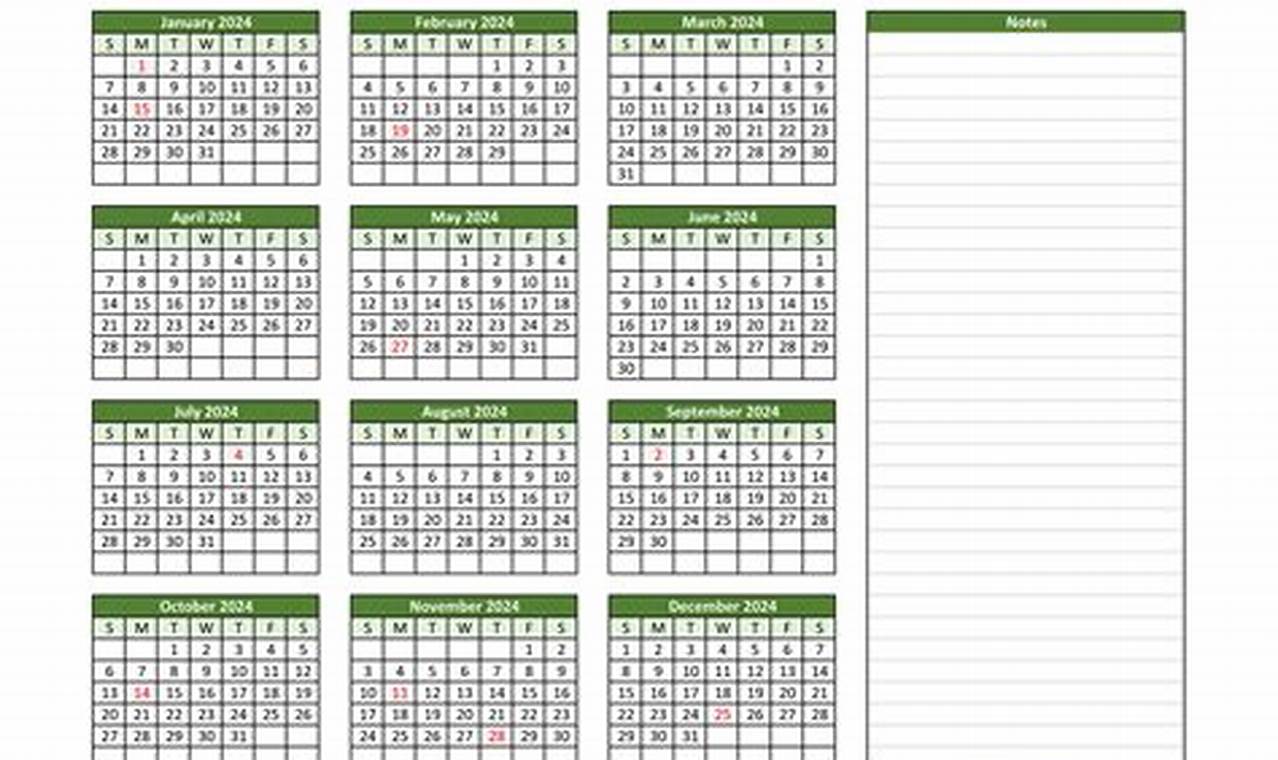 2024 Yearly Calendar Template With Notes Section