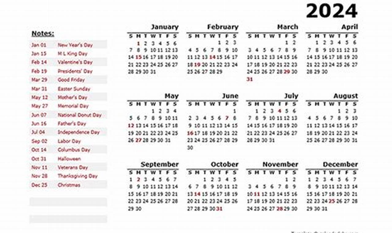 2024 Yearly Calendar With Holidays Printable Free Download Word