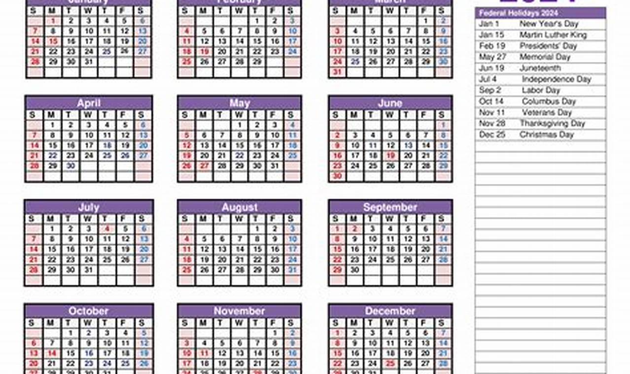 22024 Annual Calendar At A Glance